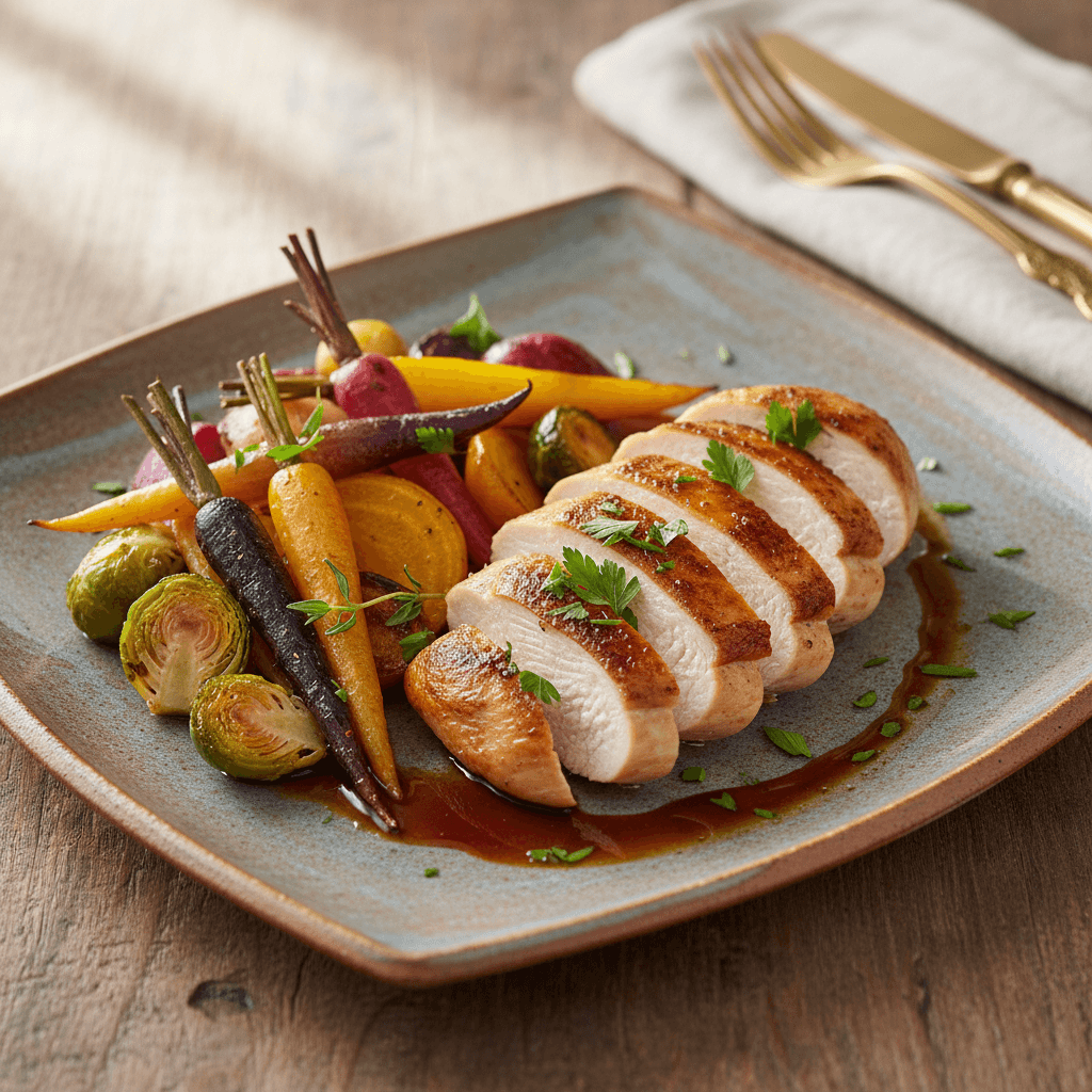 Plated main course with roasted vegetables and protein