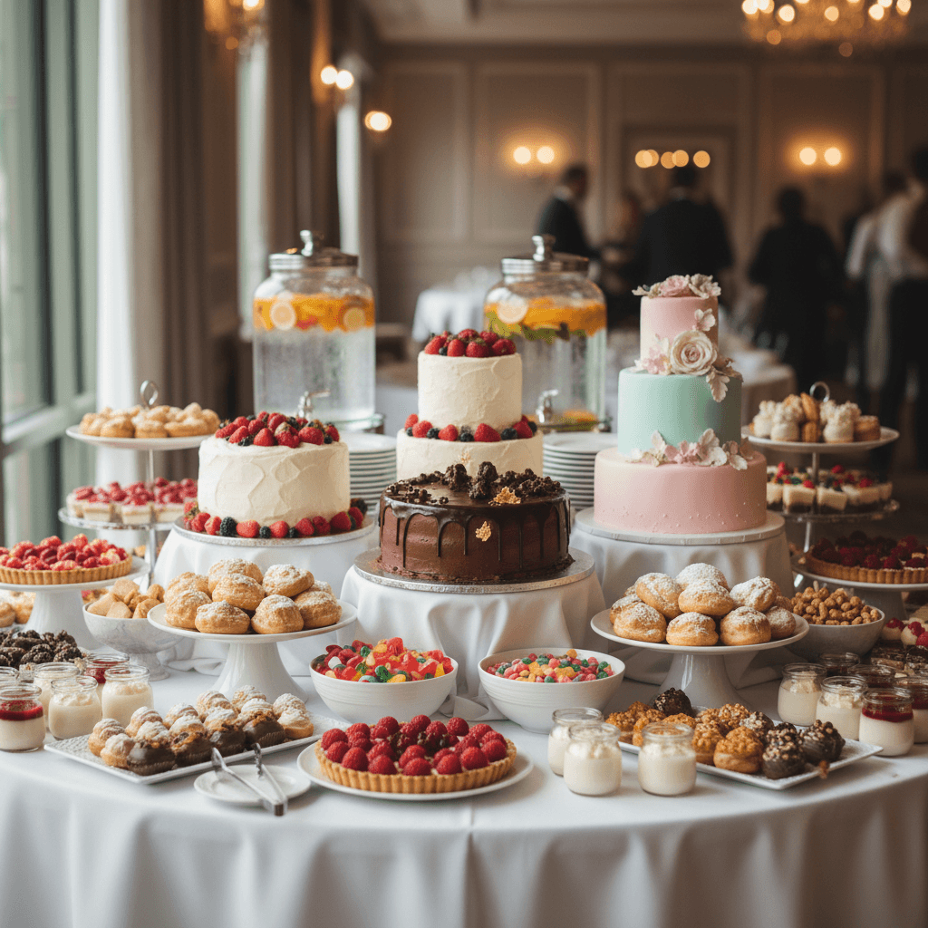 Dessert display with cakes and pastries at catered event