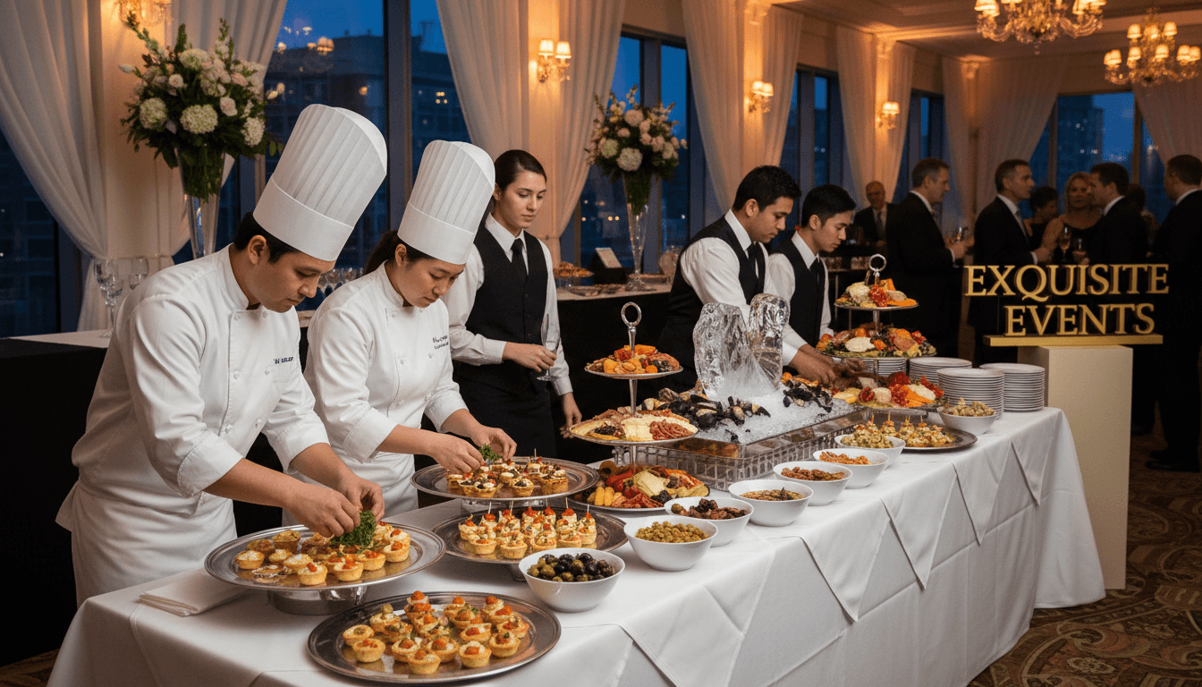 Professional catering staff presenting beautifully arranged food and appetizers at an event