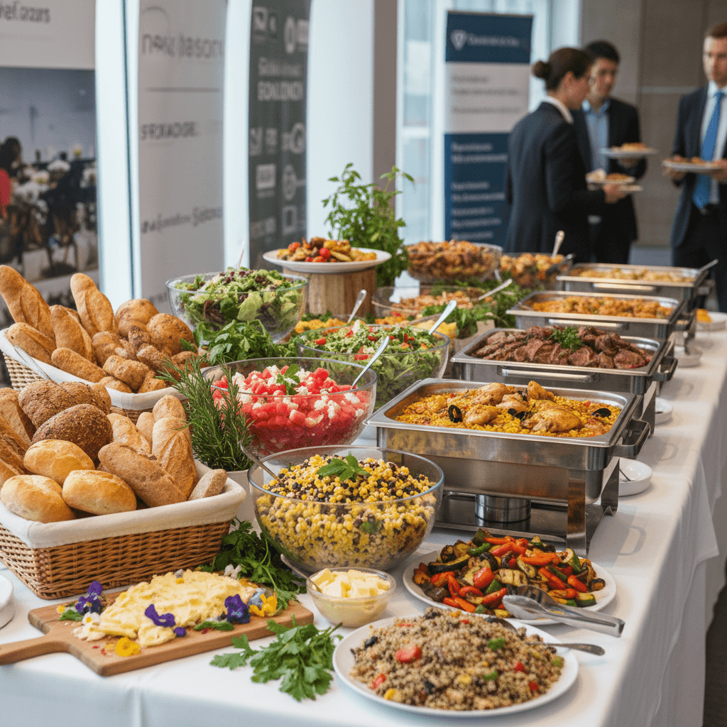 Catering buffet table with fresh salads and entrees