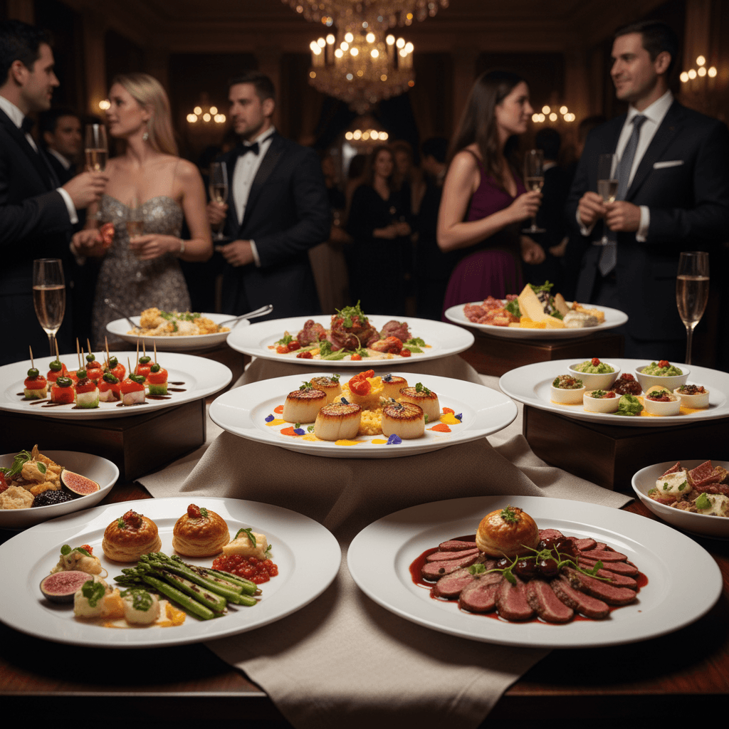 Catered event with multiple gourmet dishes displayed on white platters