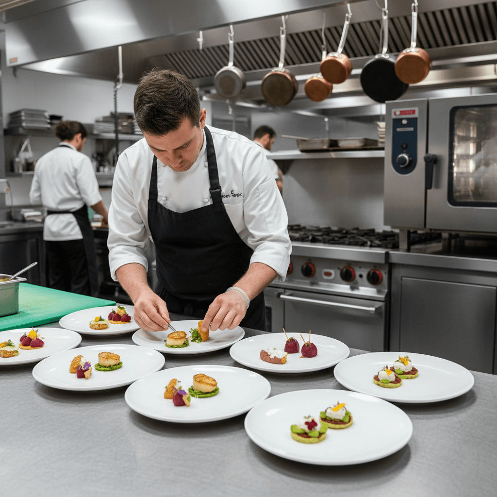 Chef plating appetizers in professional kitchen
