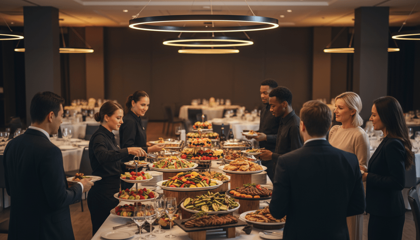 Professional catering service with servers presenting dishes at formal event