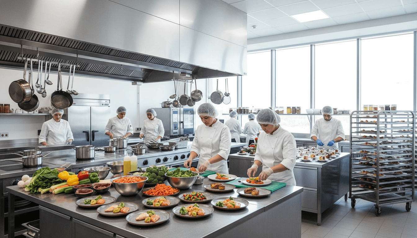 Professional catering team preparing fresh food in a modern kitchen